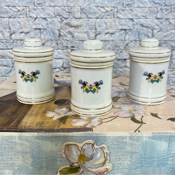 Vintage 1930s Japan Porcelain Covered Apothecary Jars with Lids Set of 3 - Picture 2 of 8